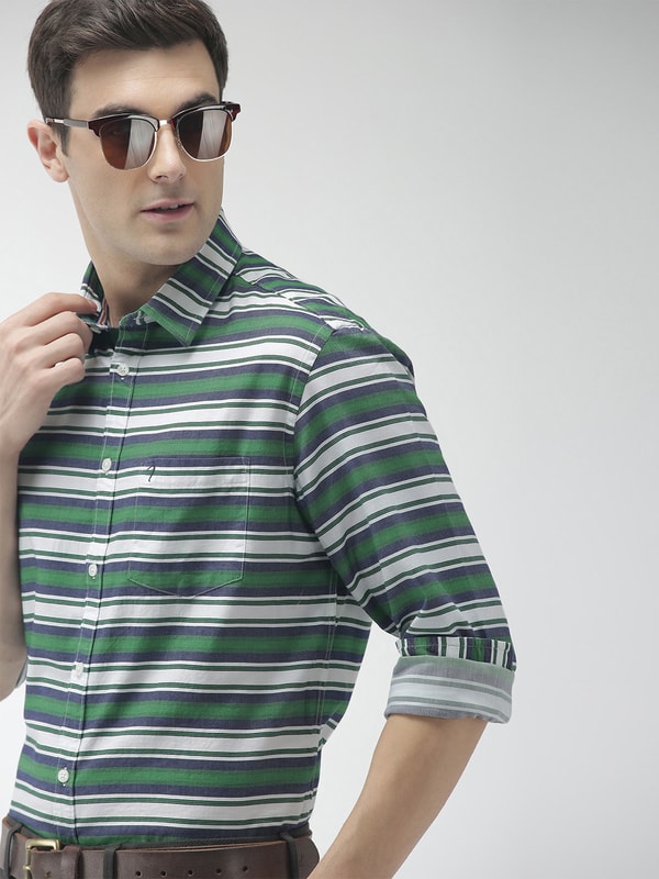 Mens Green Striped Slim Fit Shirt